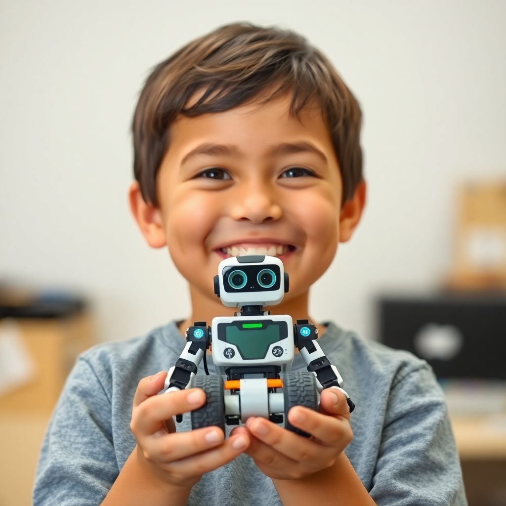 Student holding a robot