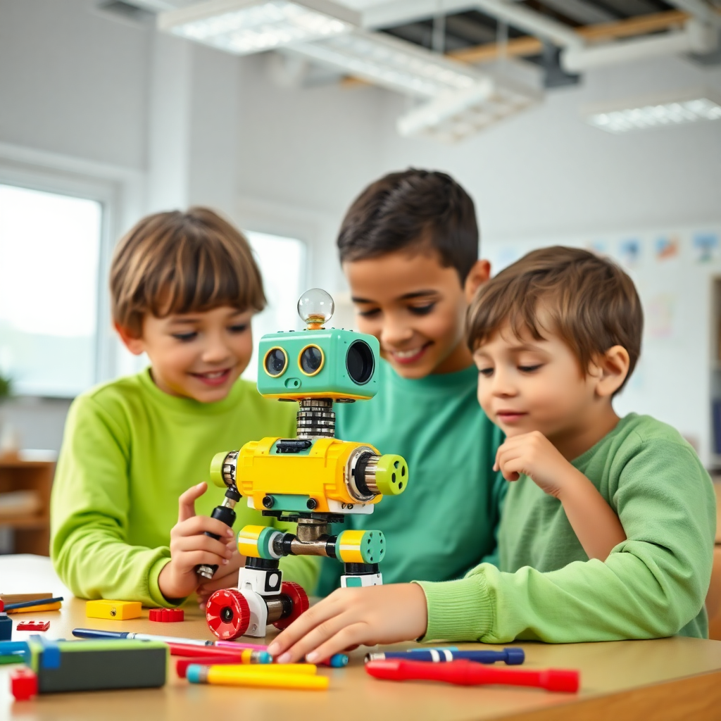 Kids building a robot together